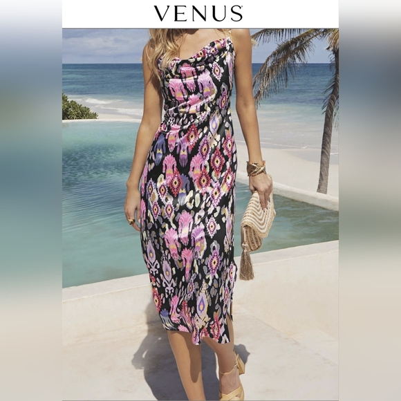 VENUS Dresses & Skirts - Cowl Neck Slip Dress - Desert Ikat Black Size 10
